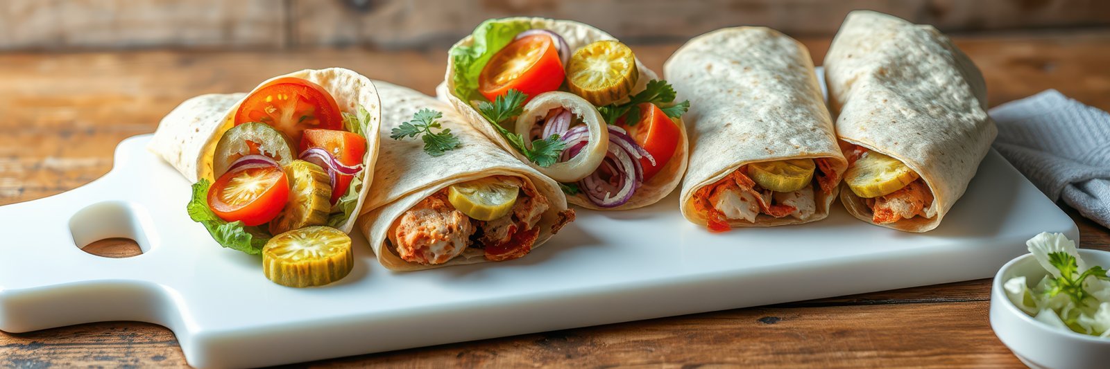 Delicious wraps filled with fresh vegetables and grilled chicken served on a wooden table